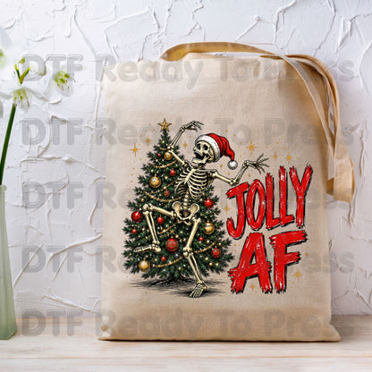 Jolly AF Skeleton DTF Transfers, Santa Hat Christmas Tree Funny Holiday Ready to Press