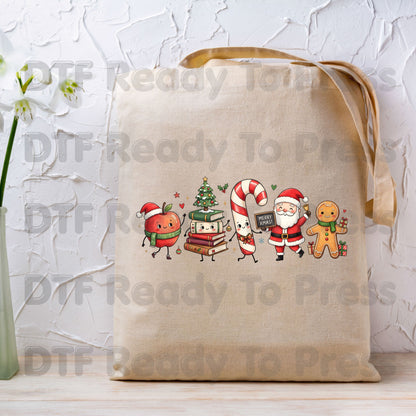 Christmas Teacher Squad DTF Transfers, Holiday School Apple Books Santa Teacher Ready to Press