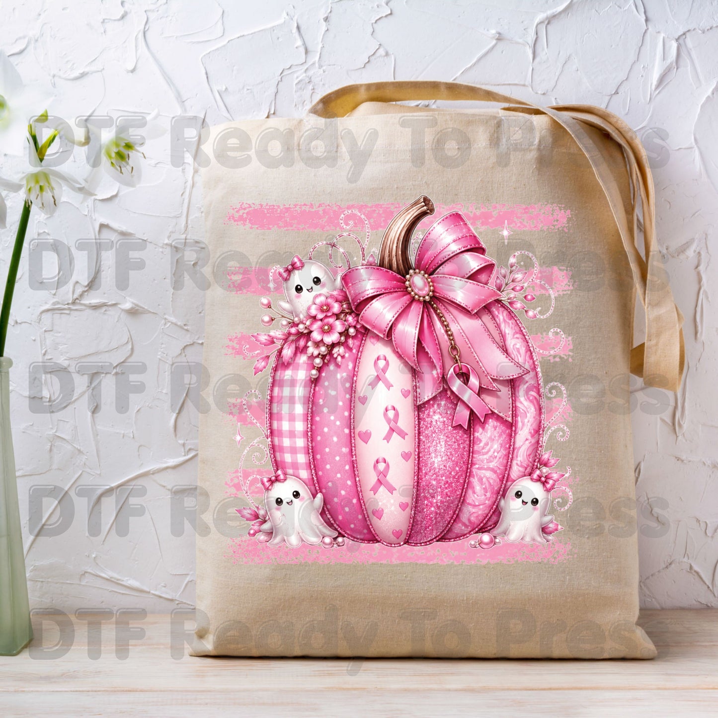 Pink Pumpkin Breast Cancer Awareness DTF Transfer Ready to Press Heat Transfer Spooky Ghost Bow Tee