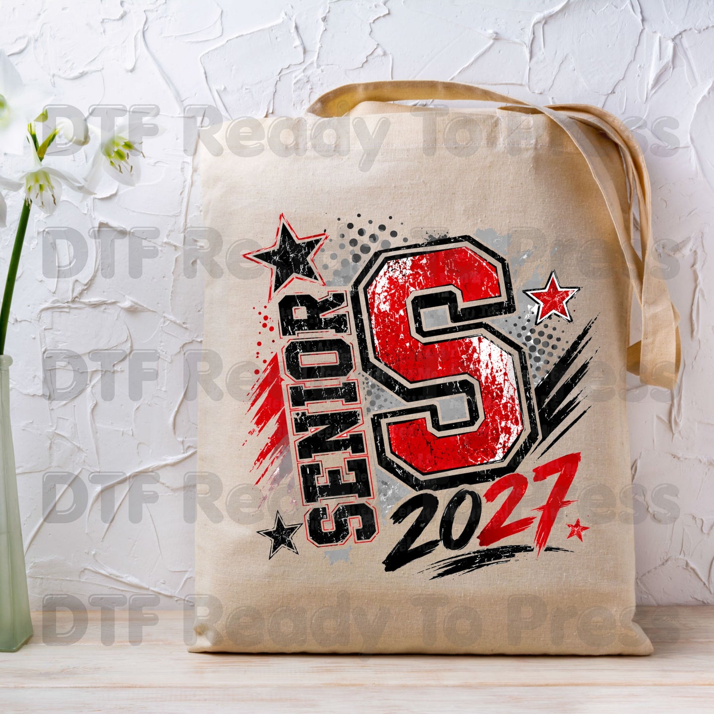 Senior 2027 DTF Transfers, Class of 2027 Red Black Distressed Letter Graduation Ready to Press