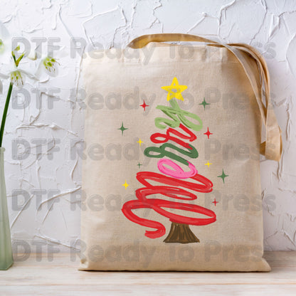 Christmas DTF Transfer, Merry Christmas Tree Script, Sparkles