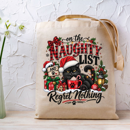 Christmas DTF Transfer, Naughty List Black Cat with Santa Hat, Funny Holiday Graphic