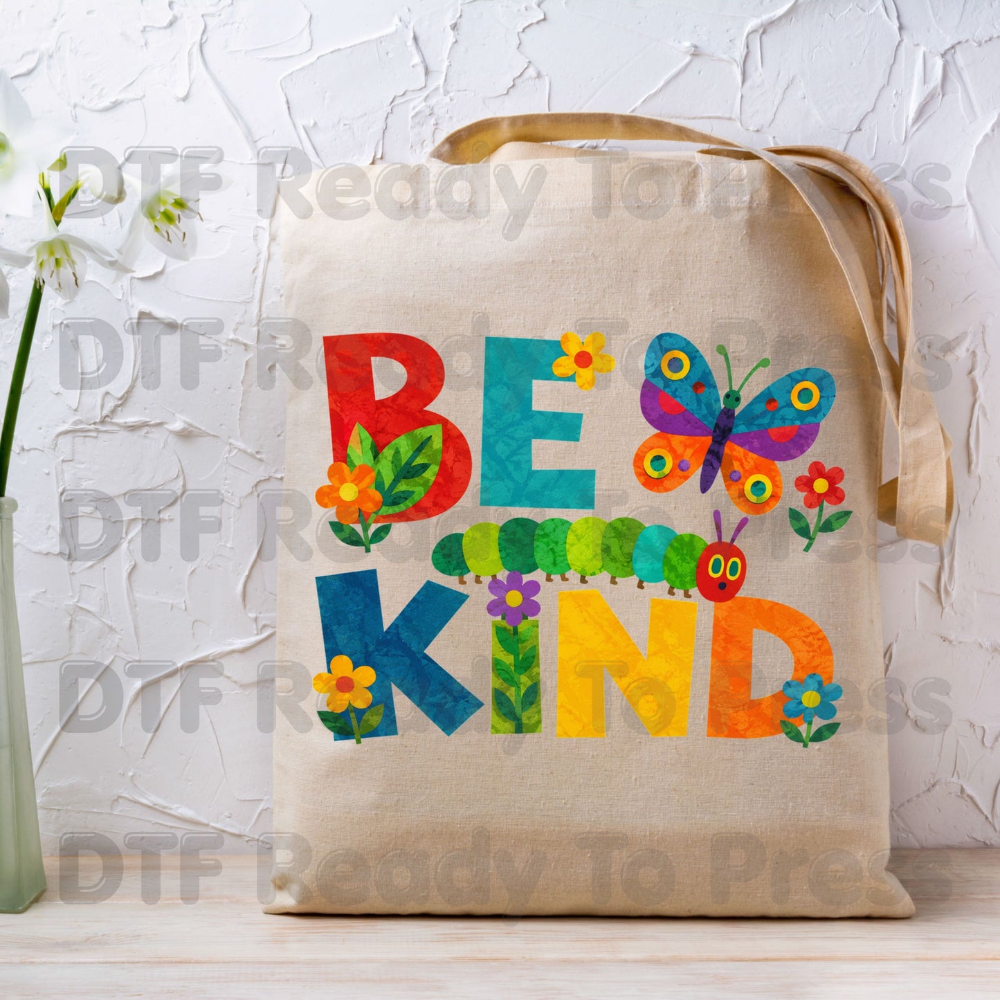 Be Kind Caterpillar Butterfly DTF Transfers, Colorful Flowers Storybook Teacher Ready to Press
