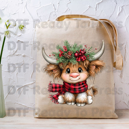 Baby Highland Cow DTF Transfers, Plaid Scarf Cute Christmas Holiday Ready to Press