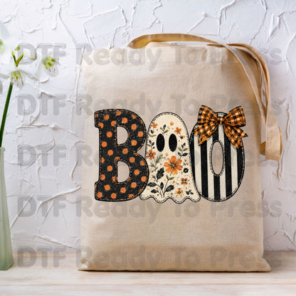 Floral Ghost Halloween DTF Transfers, Boo Orange Polka Dot Coquette Bow Spooky Ready to Press