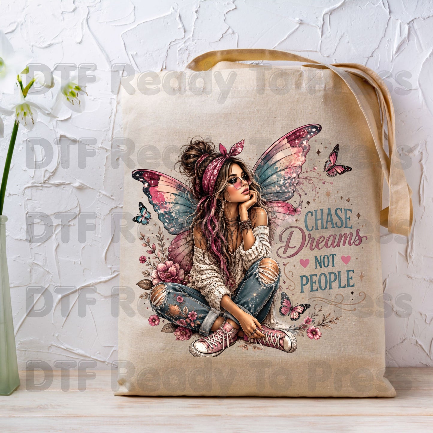 Chase Dreams Not People Fairy DTF Transfers, Boho Fairy Girl Butterfly Wings Inspirational Ready to Press