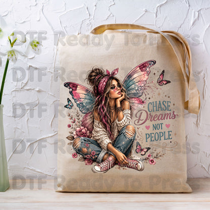 Chase Dreams Not People Fairy DTF Transfers, Boho Fairy Girl Butterfly Wings Inspirational Ready to Press