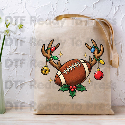 Christmas DTF Transfer, Reindeer Antlers with Football Lights and Holly Graphic