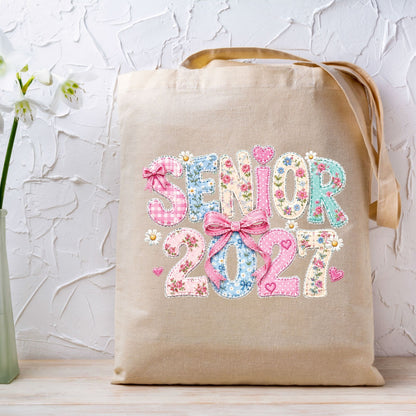 Senior 2027 DTF Transfer Ready to Press Graduation Heat Transfer for Shirts Floral Patchwork Quilted Pink Bow Coquette Graphic Tee