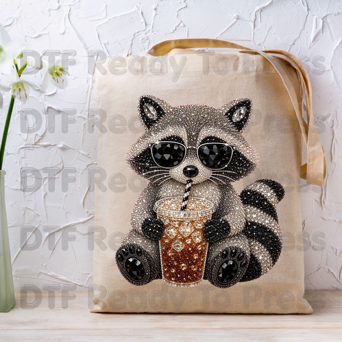 Cool Raccoon DTF Transfers, Sunglasses Iced Coffee Trash Panda Rhinestone Ready to Press