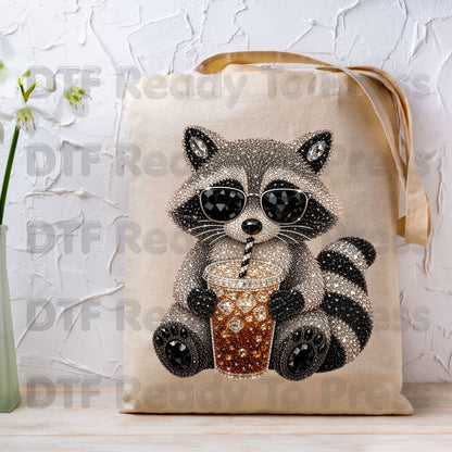 Cool Raccoon DTF Transfers, Sunglasses Iced Coffee Trash Panda Rhinestone Ready to Press