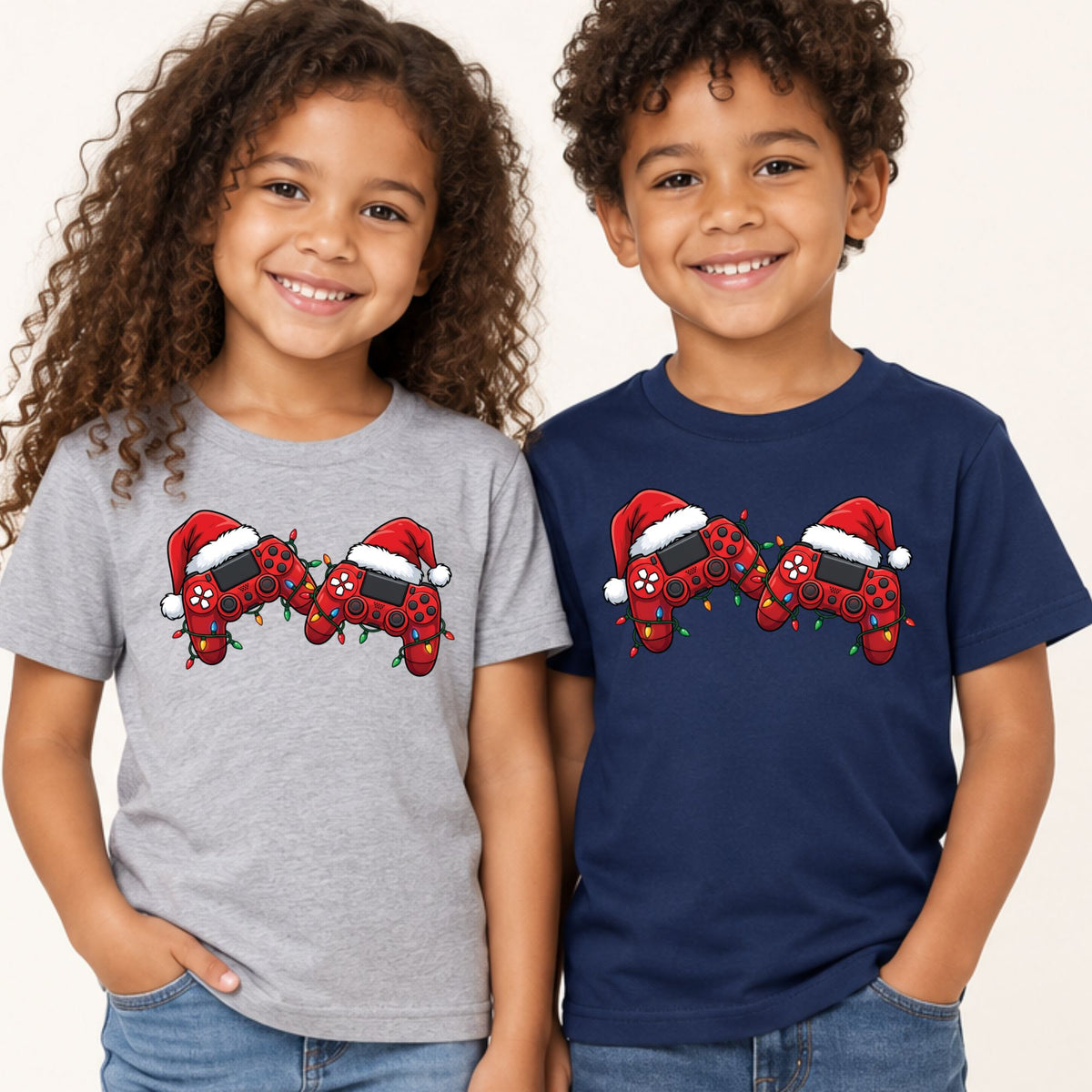 Christmas Gaming T-Shirt, Video Game Controller Santa Hat Holiday Lights Graphic Tee