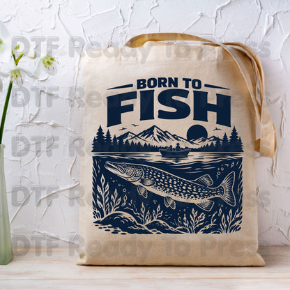 Born to Fish DTF Transfer, Fishing Boat, Mountain Lake Graphic