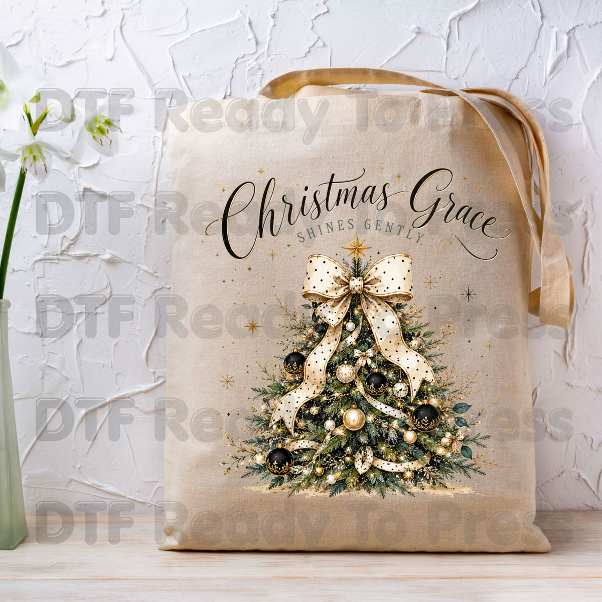 Grace Shines Gently Christmas DTF Transfers, Tree Gold Ribbon Elegant Holiday Ready to Press