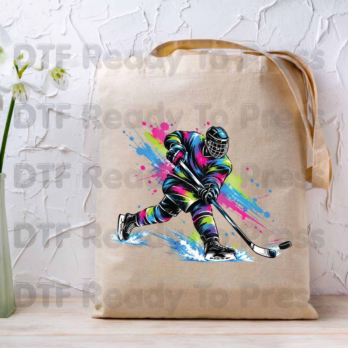 Hockey DTF Transfer, Colorful Ice Hockey Player with Paint Splatter Graphic