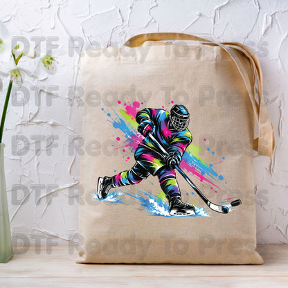 Hockey DTF Transfer, Colorful Ice Hockey Player with Paint Splatter Graphic