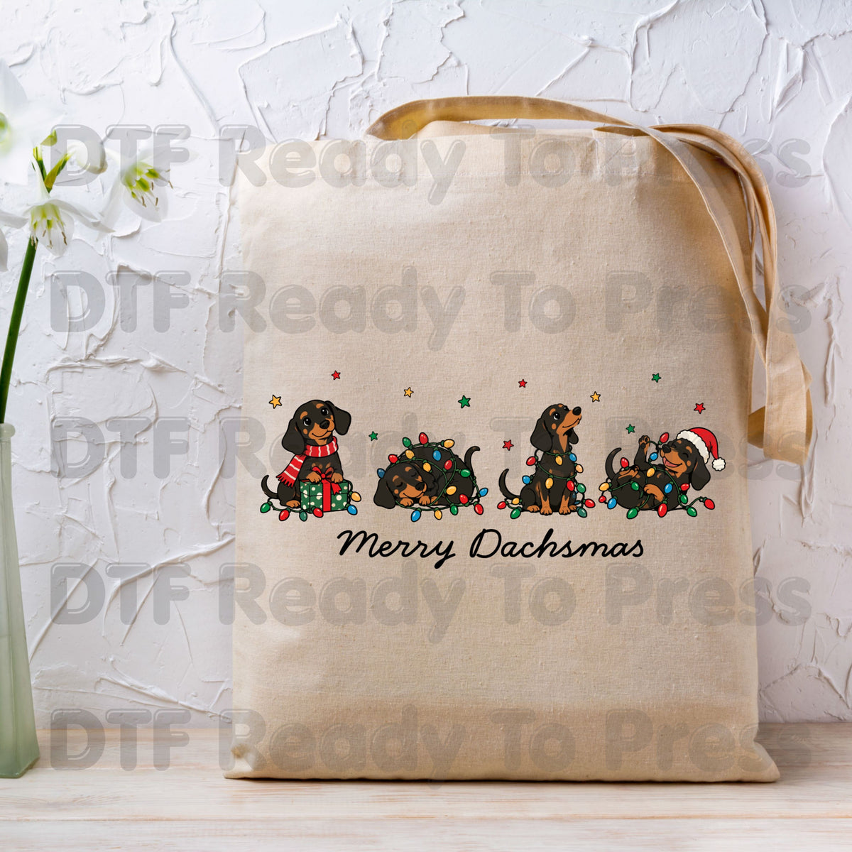 Merry Dachsmas DTF Transfers, Dachshund Dogs Christmas Lights Funny Holiday Ready to Press