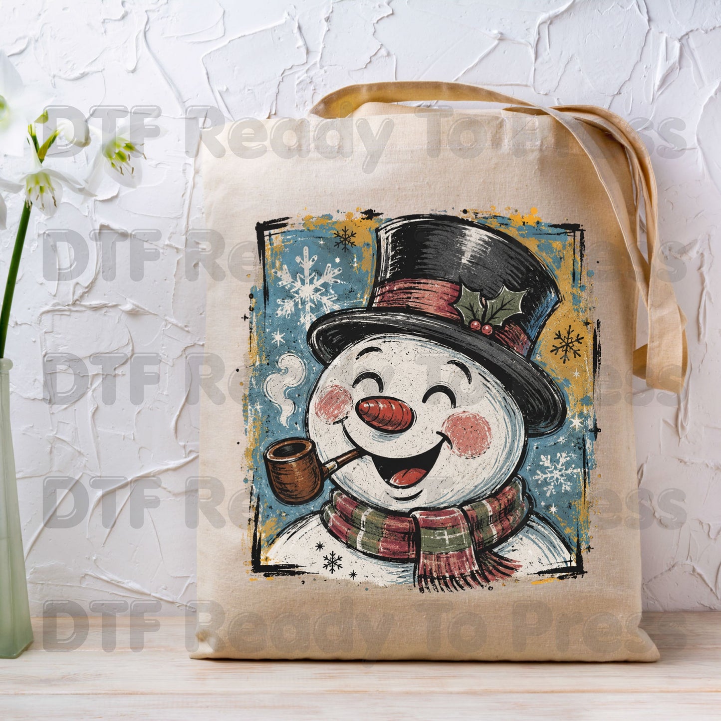 Vintage Snowman DTF Transfers, Top Hat Pipe Snowflakes Scarf Christmas Ready to Press