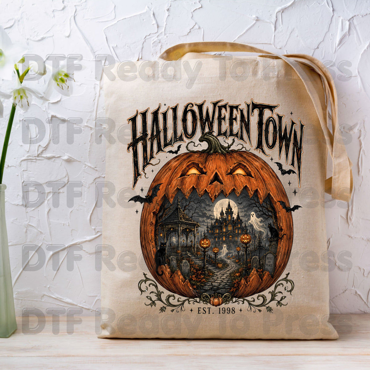 Halloween Town DTF Transfers, Est 1998 Spooky Pumpkin Vintage Haunted House Ready to Press
