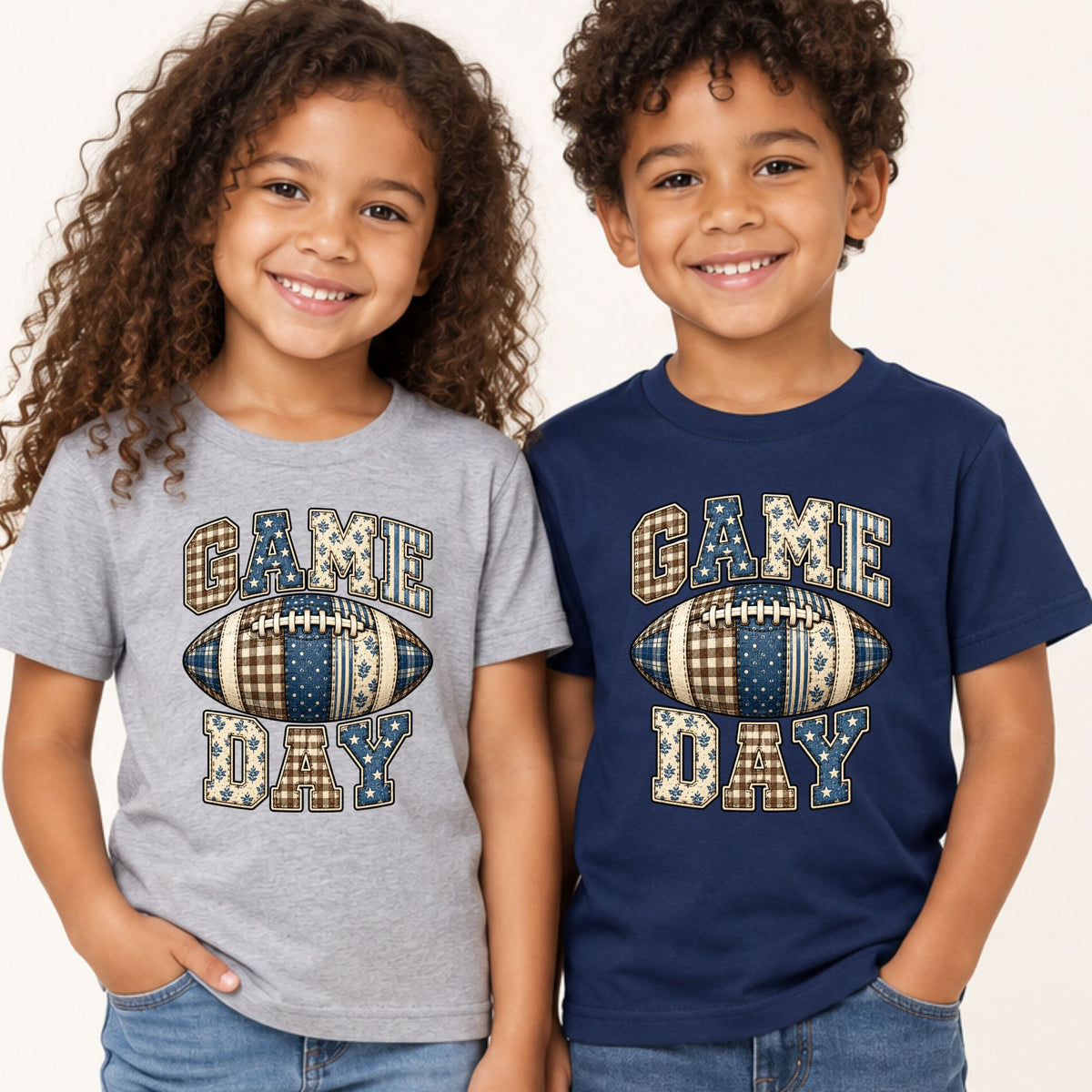 Game Day Football T-Shirt, Blue Plaid Patchwork Tee for Toddler and Kids