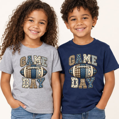 Game Day Football T-Shirt, Blue Plaid Patchwork Tee for Toddler and Kids