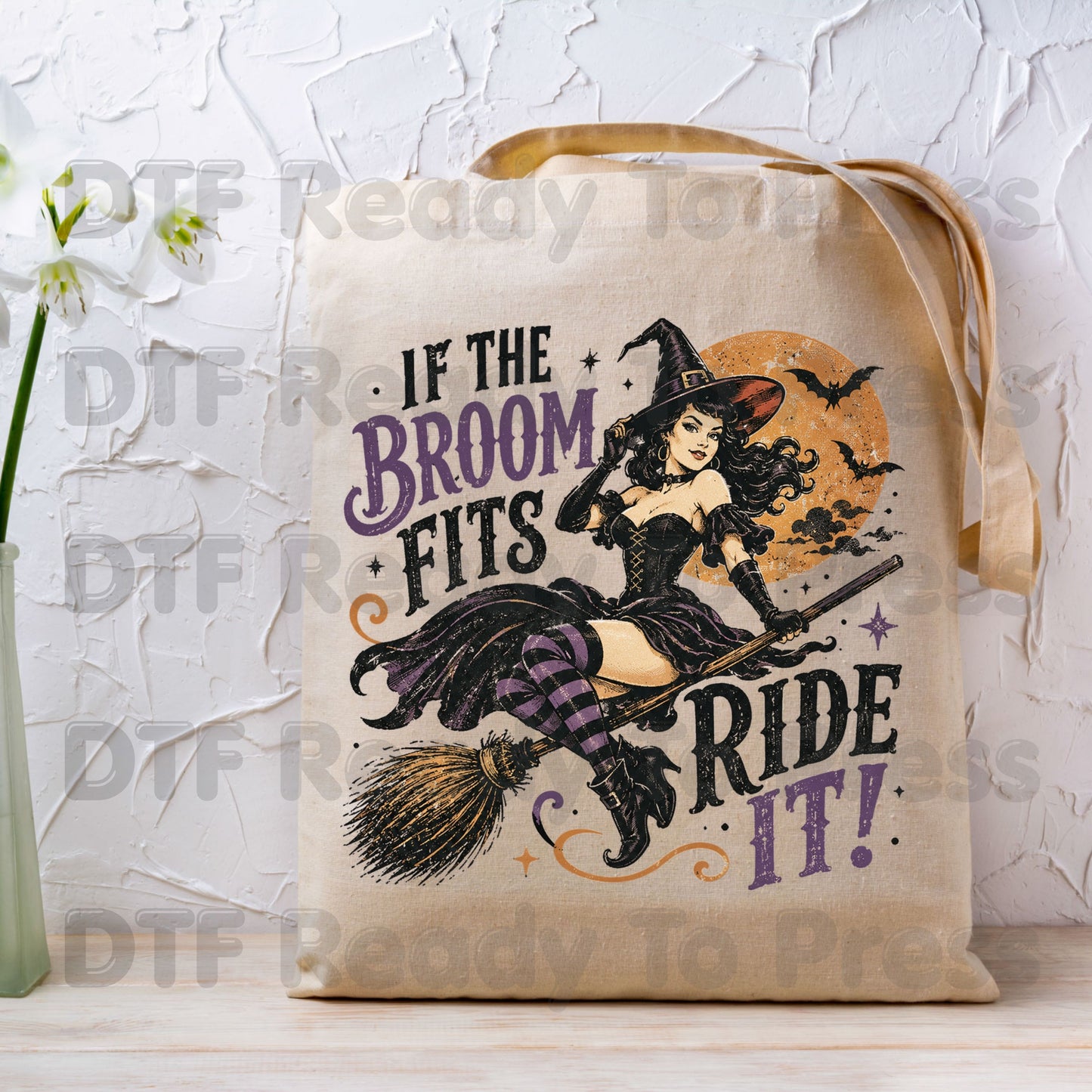 Vintage Halloween Witch DTF Transfers, If the Broom Fits Ride It Flying Witch Moon Spooky Ready to Press