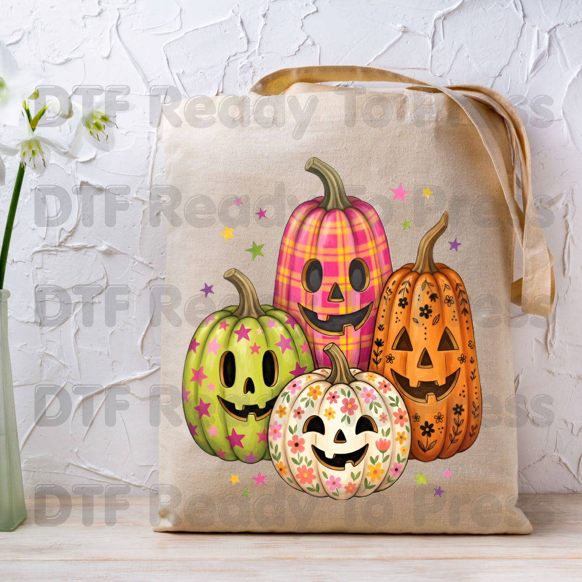 Pink Floral Pumpkin Halloween DTF Transfers, Colorful Spooky Season Ready to Press