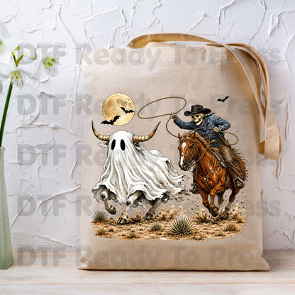 Halloween DTF Transfers, Skeleton Cowboy Ghost Bull Lasso Western Spooky Rodeo Ready to Press