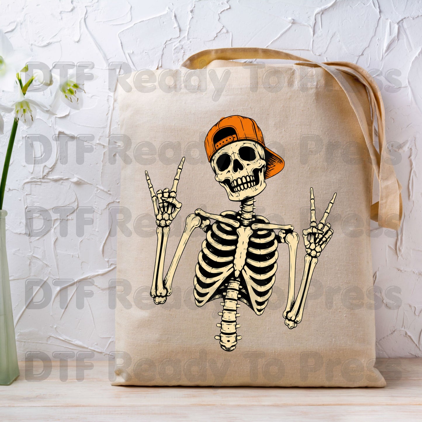 Cool Skeleton DTF Transfers, Rock On Peace Sign Halloween Orange Hat Ready to Press