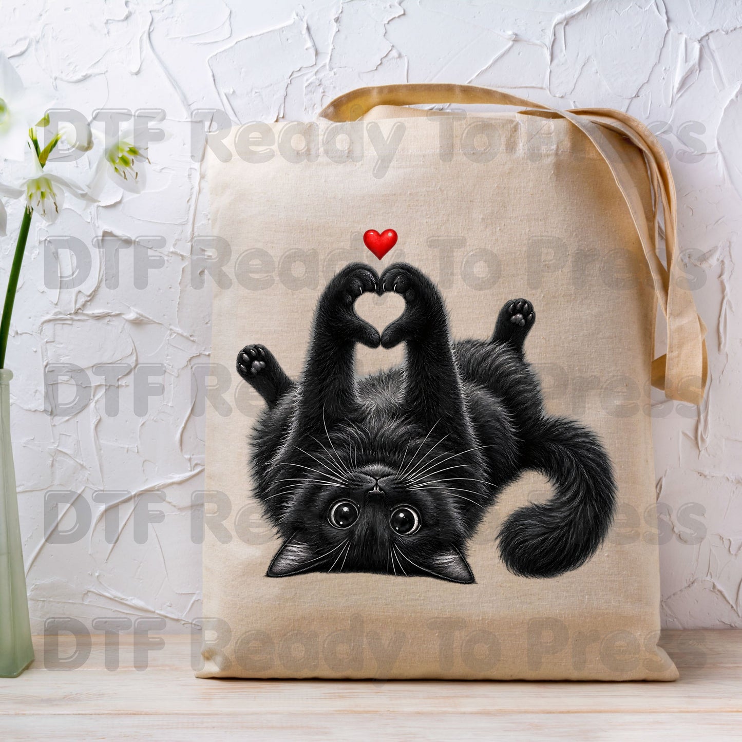 Black Cat Heart Hands DTF Transfers, Cute Kitty Kitten Lover Heart Paws Love Ready to Press