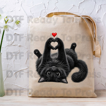 Black Cat Heart Hands DTF Transfers, Cute Kitty Kitten Lover Heart Paws Love Ready to Press