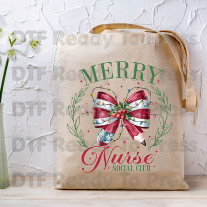 Merry Nurse Social Club DTF Transfers, Christmas Medical Coquette Bow Holiday Lights Nurse Ready to Press