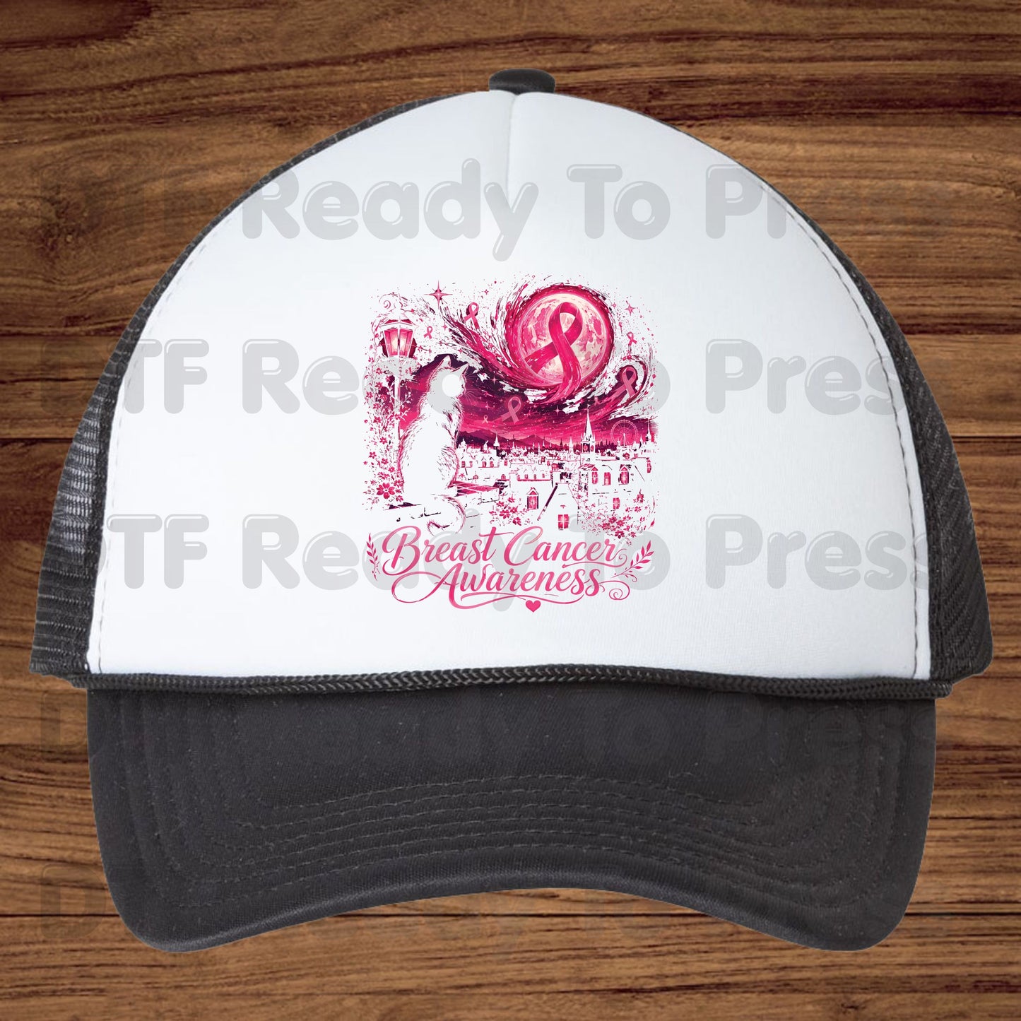 Pink Cat Moon Breast Cancer Awareness DTF Transfer Ready to Press Heat Transfer Tee
