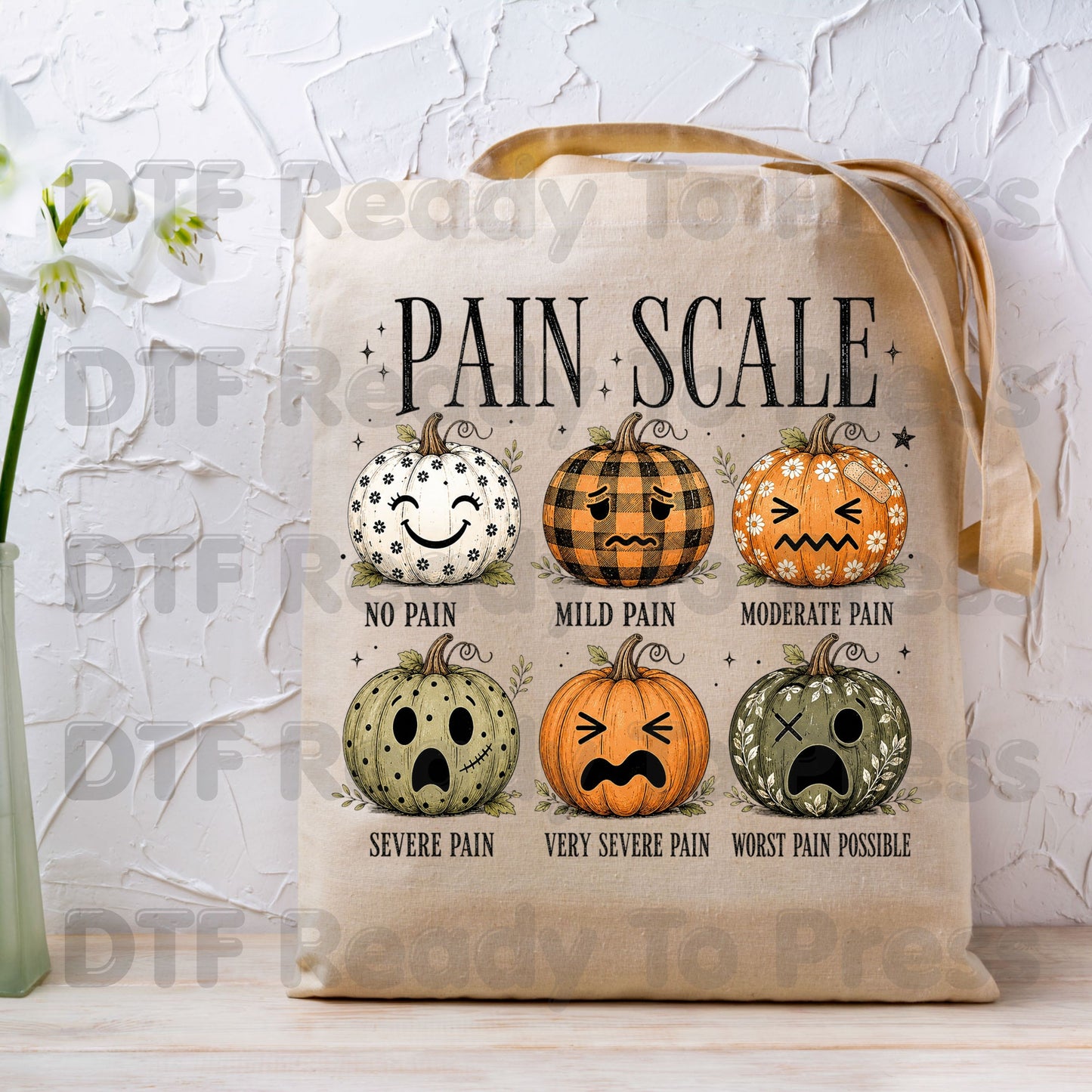 Funny Fall DTF Transfers, Pumpkin Pain Scale Nurse Halloween Medical Ready to Press