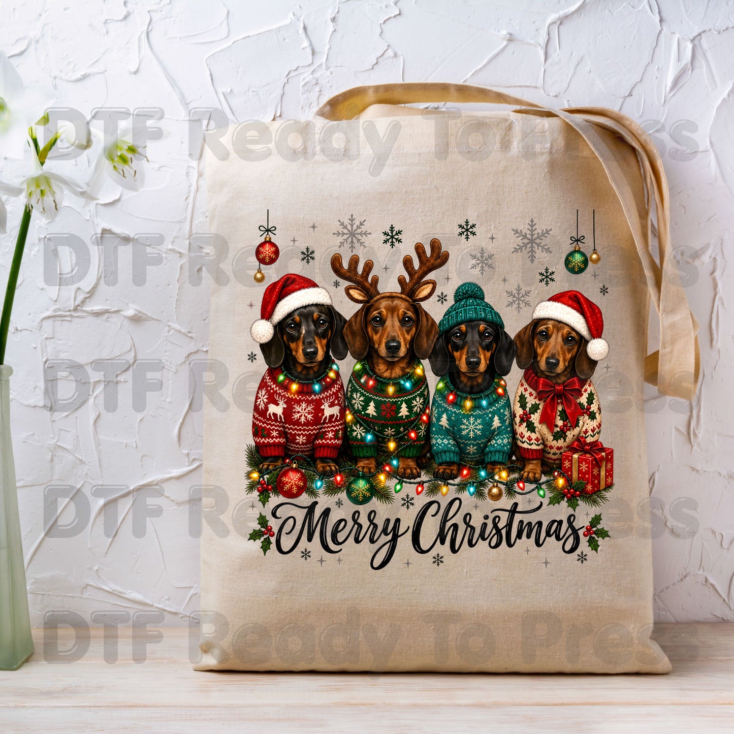 Christmas Dachshund DTF Transfers, Merry Christmas Dogs Santa Hat Holiday Pet Lover Ready to Press