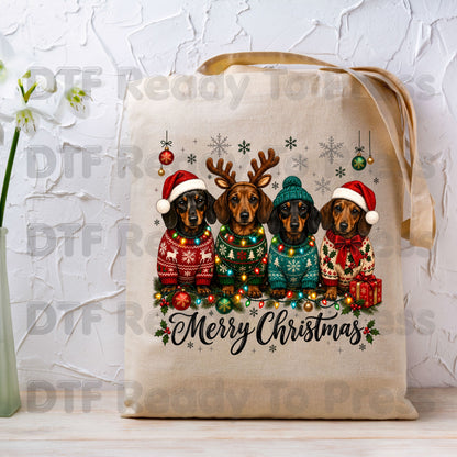 Christmas Dachshund DTF Transfers, Merry Christmas Dogs Santa Hat Holiday Pet Lover Ready to Press