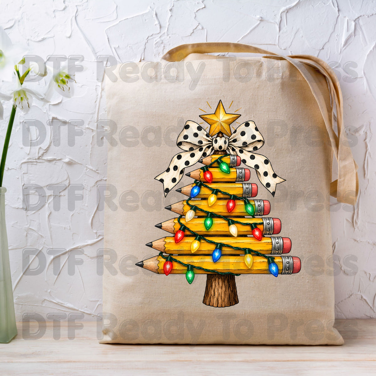 Christmas Teacher Pencil Tree DTF Transfers, School Polka Dot Bow Lights Holiday Ready to Press