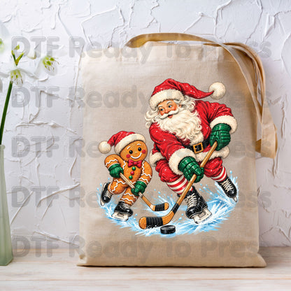 Christmas DTF Transfer, Santa and Gingerbread Man Playing Hockey, Holiday Sports Graphic