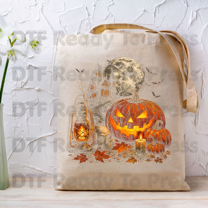 Vintage Haunted House Pumpkin DTF Transfers, Lantern Jack O Lantern Halloween Spooky Autumn Ready to Press