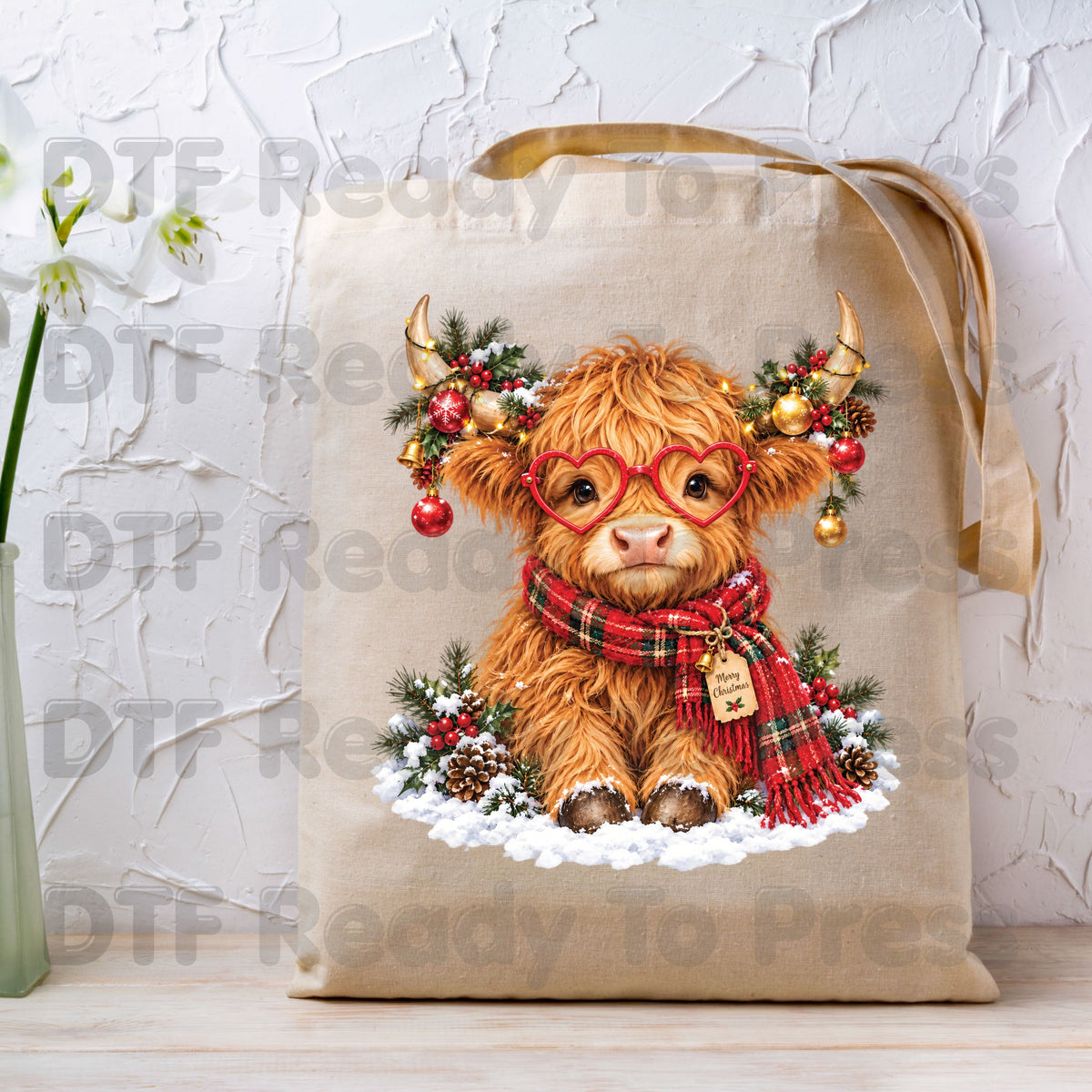Christmas DTF Transfer, Highland Cow with Heart Glasses, Scarf and Ornaments