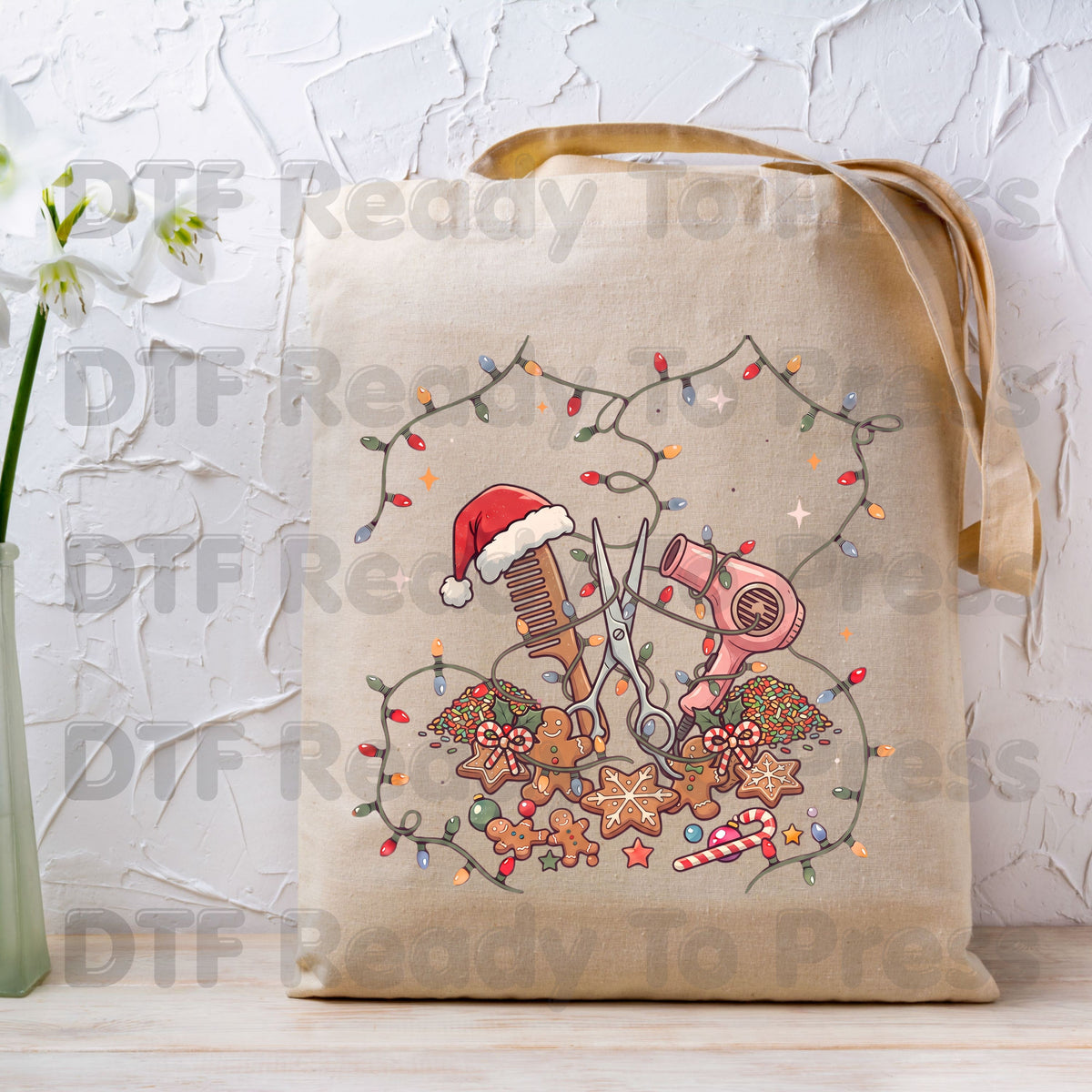 Christmas Hairstylist Gingerbread DTF Transfers, Salon Scissors Dryer Holiday Lights Ready to Press