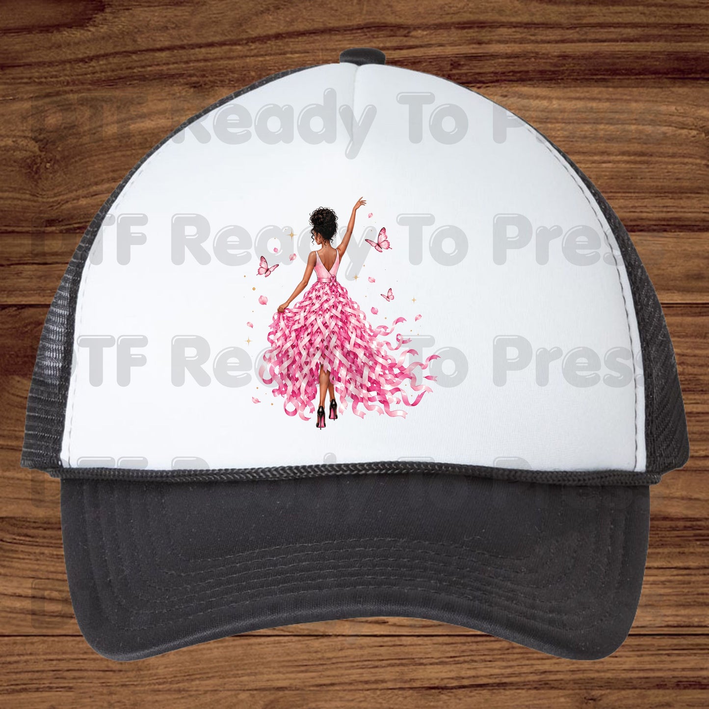 Black Woman Pink Ribbon Dress Breast Cancer Awareness DTF Transfer Ready to Press Heat Transfer Survivor Tee