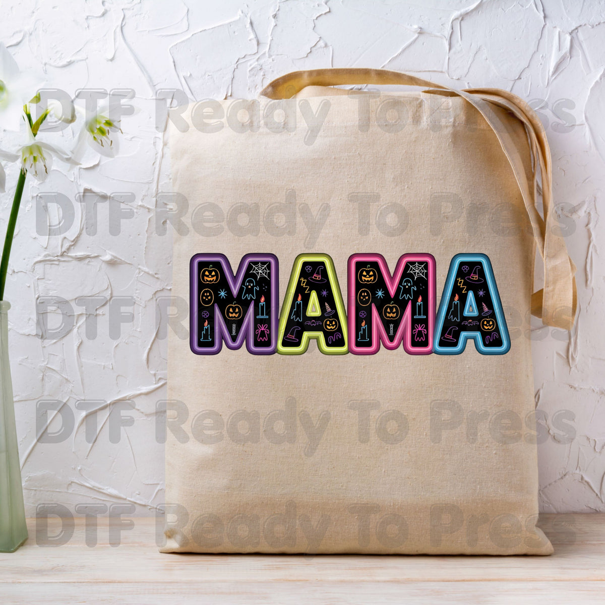 Halloween Mama DTF Transfers, Neon Spooky Doodle Ghost Pumpkin Witch Hat Ready to Press