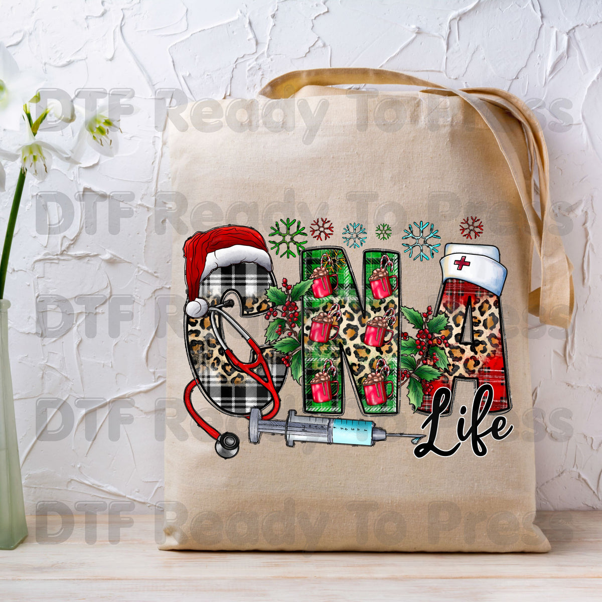 Christmas CNA Life DTF Transfers, Medical Nurse Leopard Plaid Syringe Holiday Ready to Press