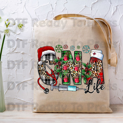 Christmas CNA Life DTF Transfers, Medical Nurse Leopard Plaid Syringe Holiday Ready to Press