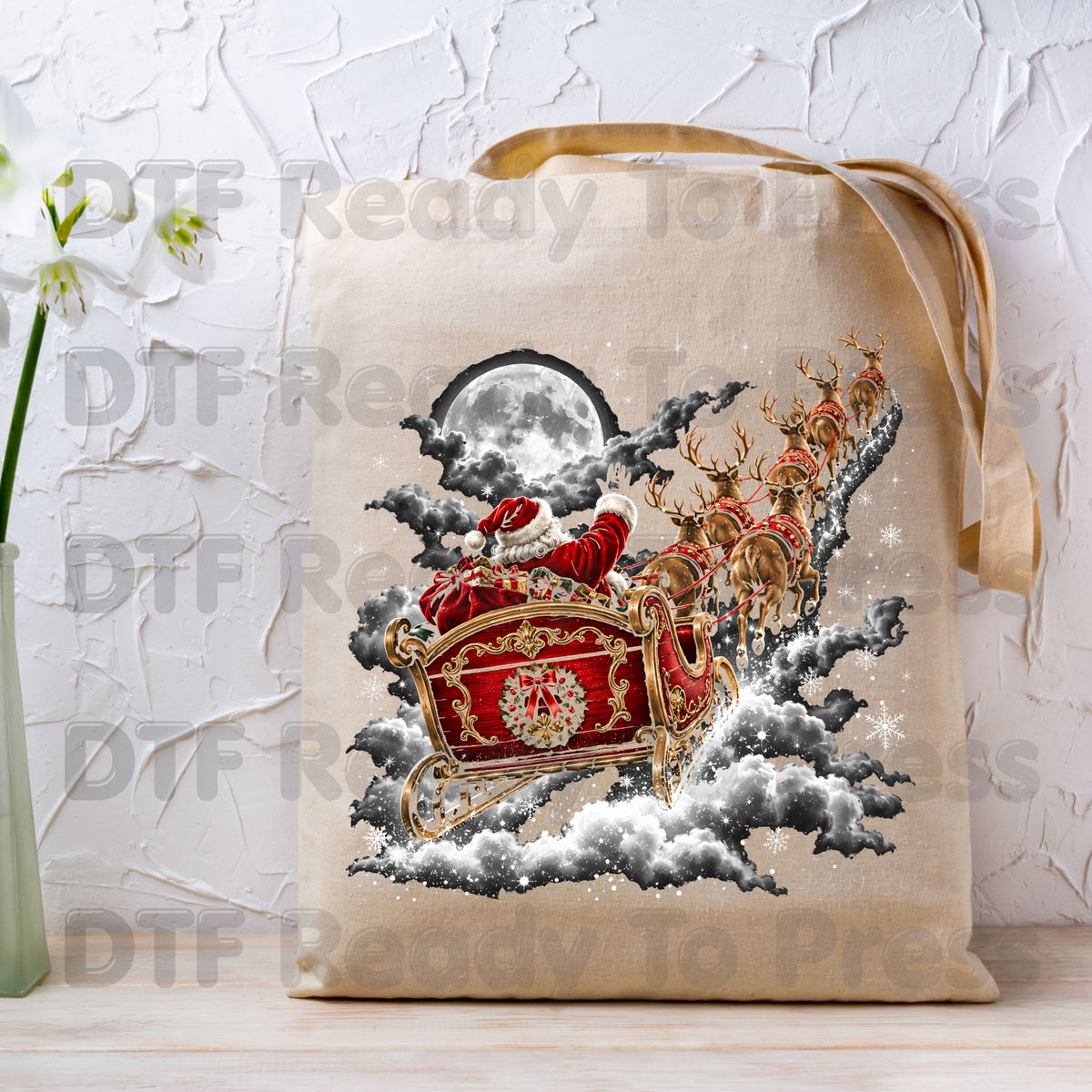 Santa Sleigh DTF Transfers, Flying Night Full Moon Vintage Reindeer Christmas Ready to Press