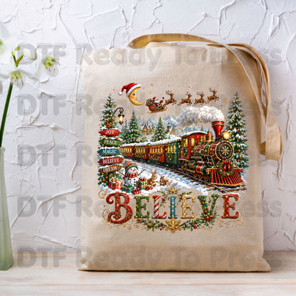 Believe Christmas Express DTF Transfers, Santa Sleigh Vintage Holiday Train Ready to Press