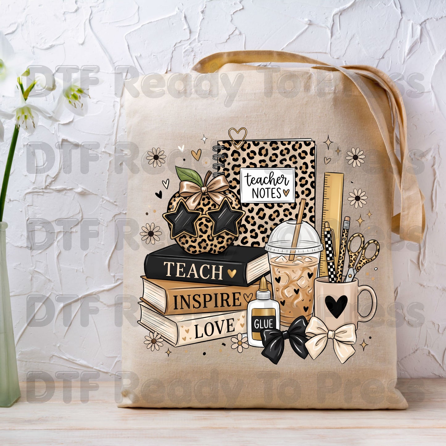 Teach Inspire Love Leopard Teacher DTF Transfers, Notebook Coffee Iced Drink Ready to Press