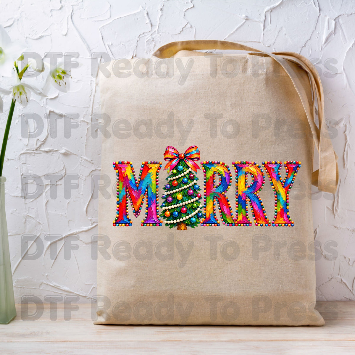Merry Christmas Tree DTF Transfers, Colorful Painted Christmas Holiday Ready to Press