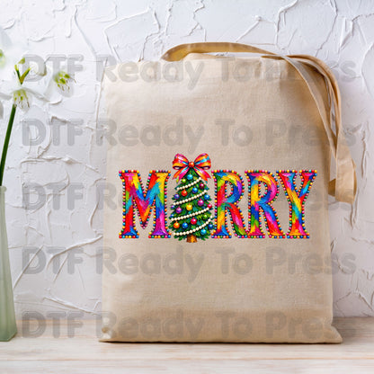 Merry Christmas Tree DTF Transfers, Colorful Painted Christmas Holiday Ready to Press
